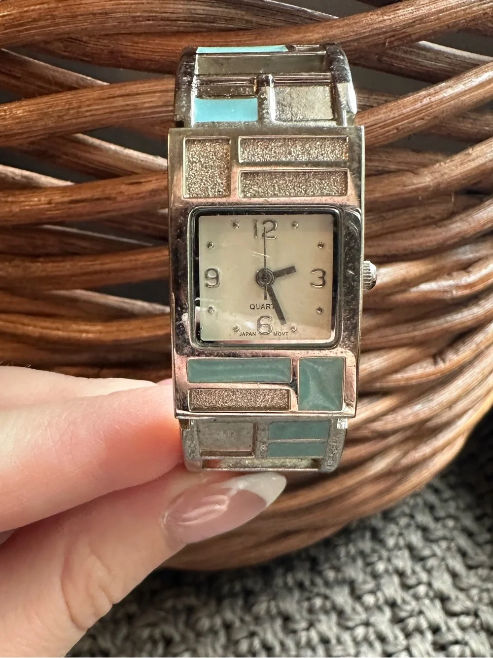 Y2K Silver Bracelet Watch with Turquoise Inlay